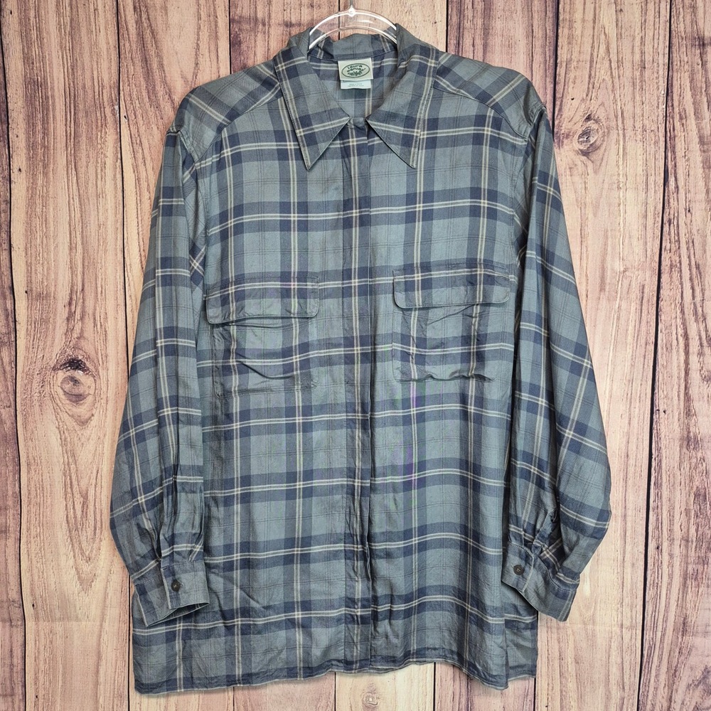 Laura Ashley Womens 8 100% Silk Plaid Button Down Shirt Blue Grey Long Sleeve